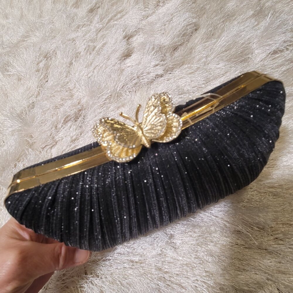 D Margeaux Evening Crossbody Clutch Bag Butterfly Black Gold Tone